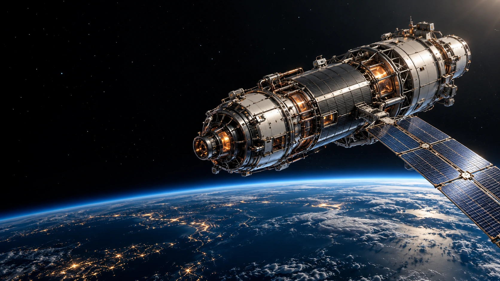 Concept rendering of a modular manufacturing spacecraft above Earth's blue atmospheric horizon